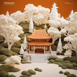 an intricate, white - glazed landscape is covered in fake trees and shrubbery