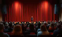 a man stands on stage giving a presentation in front of a large audience