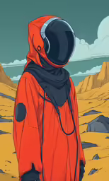an orange and black jacket with a helmet on standing in the desert