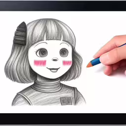 a person holding a pencil next to a drawing,someone is drawing an avatar on their ipad