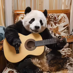 a panda bear holding a guitar while sitting on a chair