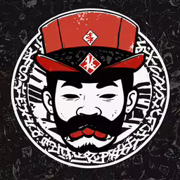 an asian character with a beard and a red hat,a man with a beard, mustache and red hat