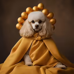 an adorable dog dressed in golden dress and gold balls sitting on a blanket