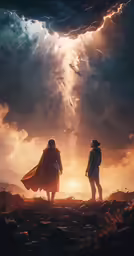 two people are standing in front of a cloud formation