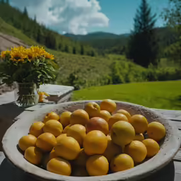 a bowl full of lemons sitting on a wooden table
