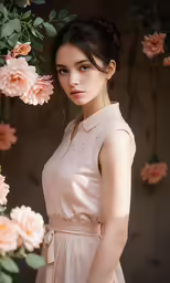 a young girl stands in front of pink roses