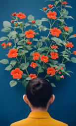 the back view of a person with flowers behind her head