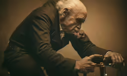 an old man in the middle of putting something on his leg