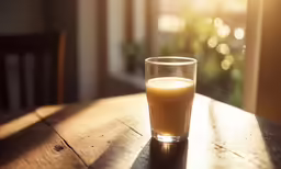 a cup of milk on a table at an outside cafe