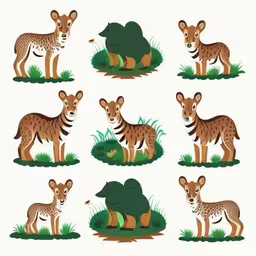 this is a picture of cute animals in the wild,a set of wild animals that are in various stages of development,a group of different animals standing in the grass,different wildlifes that are standing in the grass,several animals in various positions of different species