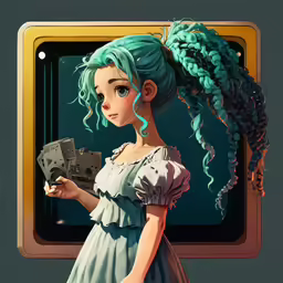 a young girl in a dress is holding a few cards
