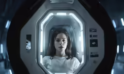a woman in white clothes is looking into a futuristic mirror