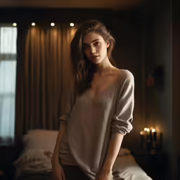 a woman stands in the bedroom in a beige shirt