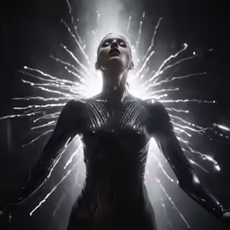 the film character is standing with her hands outstretched