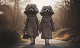 a couple of dogs are wearing coats on the road