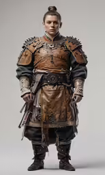 a man dressed as a roman soldier, with armor and a hat on