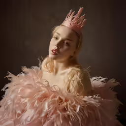 the woman is wearing a large pink dress
