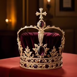 a gold crown is resting on top of a red table