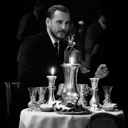 the man is lighting the candle at a table