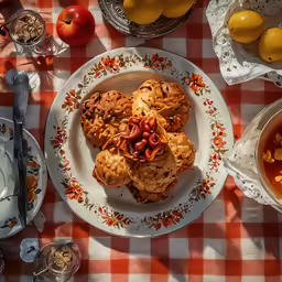 a table set with oranges and silverware, plates and bowls