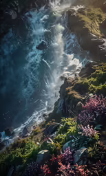 the ocean waves are breaking on the rocks and grass