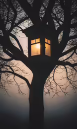 a tree with a house sitting on top of it