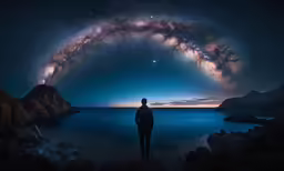 a man standing on rocks facing an image of the sky and stars