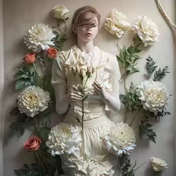 a woman wearing a white dress with roses surrounding her