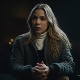 a blonde woman sits alone with her hands clasped