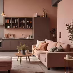 a room with various colors, furniture and a brown coffee table