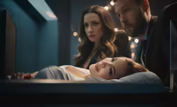 the woman is laying down on her bed and man looks on