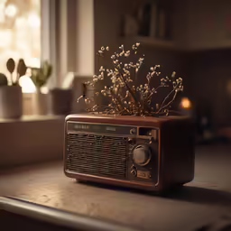 a brown radio sits on a table in front of flowers