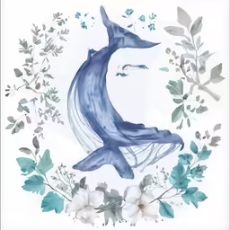 a blue dolphin with white flowers around it