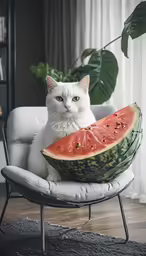 a white cat sitting on a chair with a half watermelon cut in half