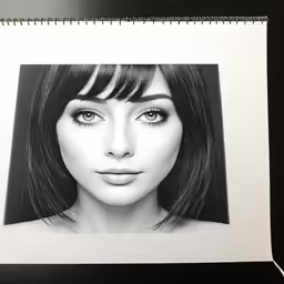 a woman is pictured with a pencil drawing of her face
