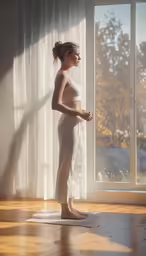 a woman in all white poses in front of an open window
