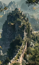 a scenic view of a stone castle on top of a mountain