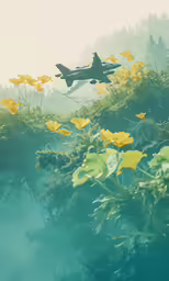 a painting of a jet flying over some flowers
