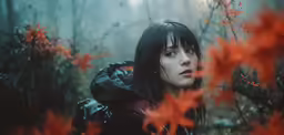 a beautiful woman in the woods wearing black clothing