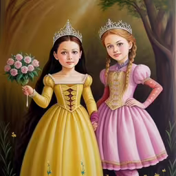 a painting of two girls dressed in dresses,a picture of a couple in princess costumes
