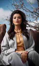 a beautiful woman wearing a gold shirt and silver pants sitting on a couch