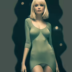 a woman wearing a bodysuit with long blonde hair