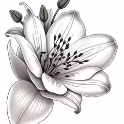 a flower drawing on white paper,an artful flower drawing with black and white flowers,a drawing of a white lily,the black and white drawing of lily flowers,some flowers have long stalks on them