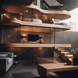 modern bedroom with living room area in residential building