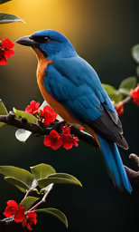 a blue bird sitting on a branch with red flowers