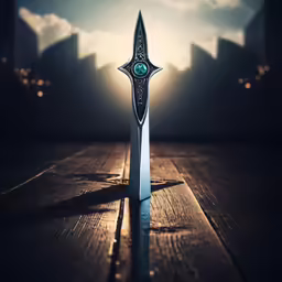 the sharp - edged metal blade is surrounded by buildings