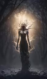an elf standing in a dark forest with the moon above her head