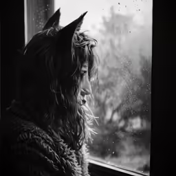 the person is looking out the window and staring at something