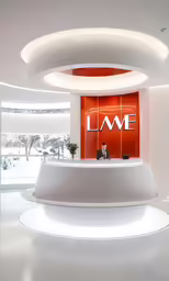a white lobby has a red wall and large white circle