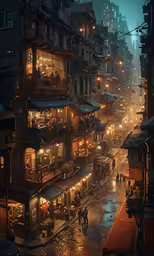 a city at night with street lights and rain